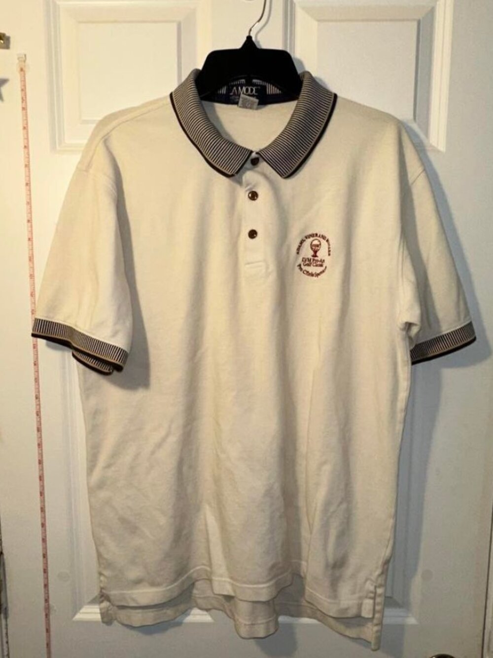 Vintage LA MODE 2002 LVM Pro-Am Golf Polo Cream Striped Collar Mens L Made USA